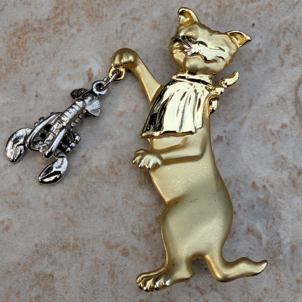 Whimsical Cat With A Lobster Dinner Brooch